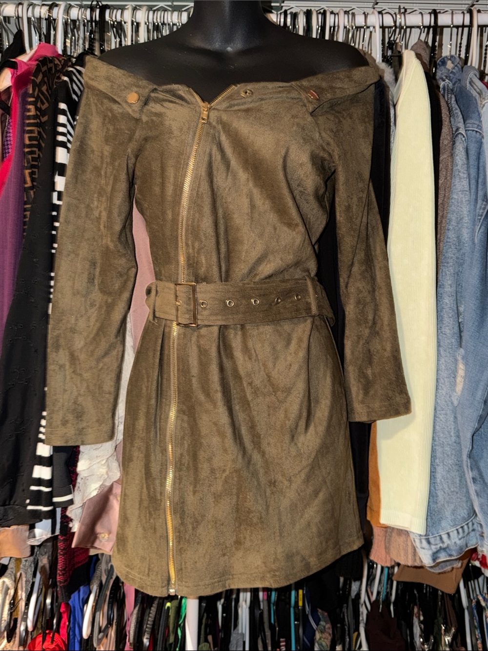Fashion Nova Olive Green Faux Suede Belted Zip Front Dress